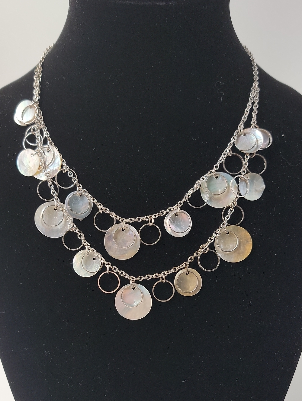 Coldwater Creek Abalone Shell Multi Disc Layered Necklace In Silver Tone